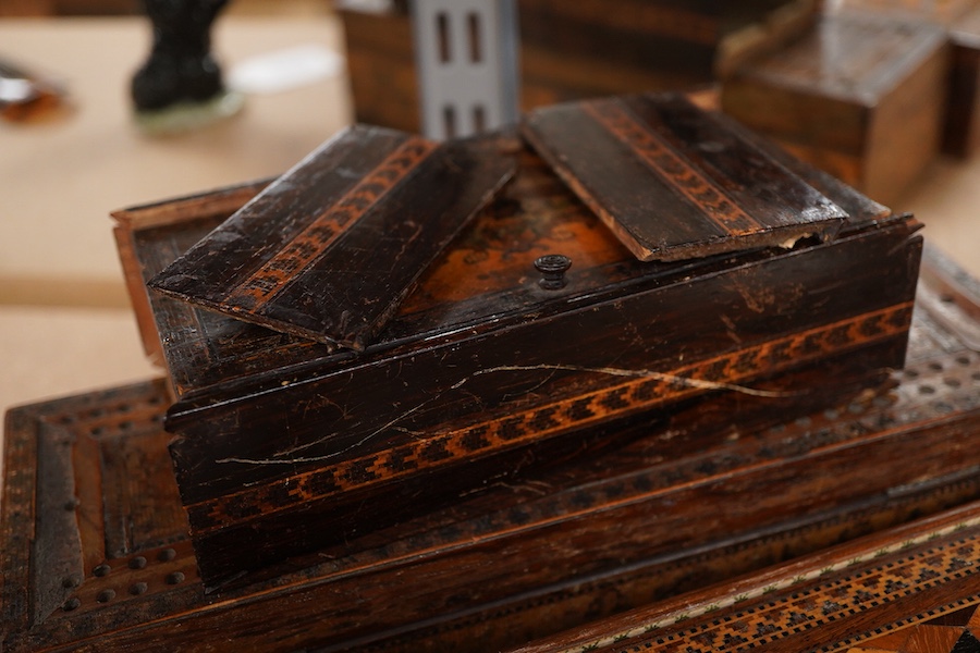 Tunbridge ware - two cribbage board boxes, a sewing box with accessories and another box, largest 26cm wide